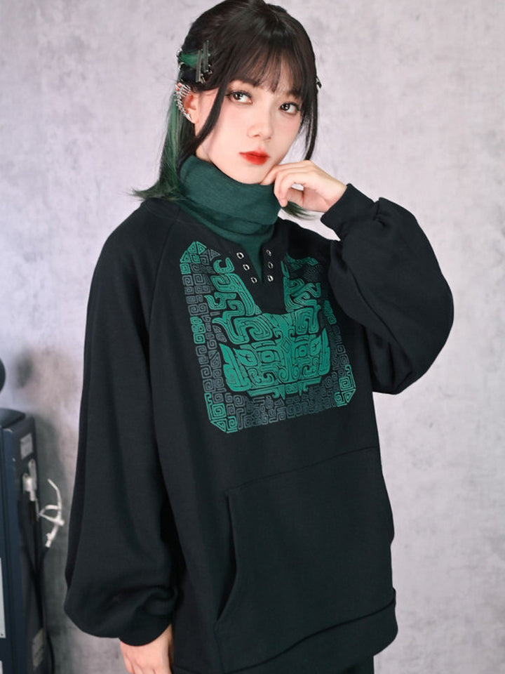 Black Chinese-Inspired Graphic Faux-Layered Hoodie