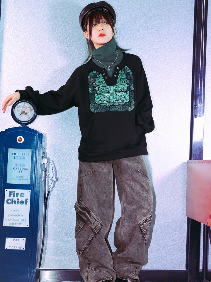 Black Chinese-Inspired Graphic Faux-Layered Hoodie
