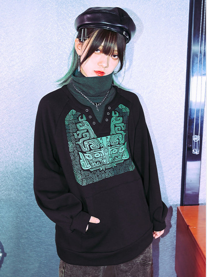 Black Chinese-Inspired Graphic Faux-Layered Hoodie