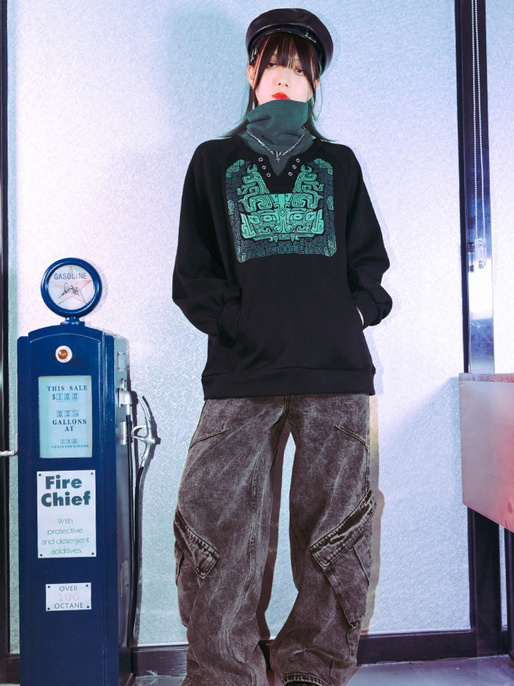 Black Chinese-Inspired Graphic Faux-Layered Hoodie