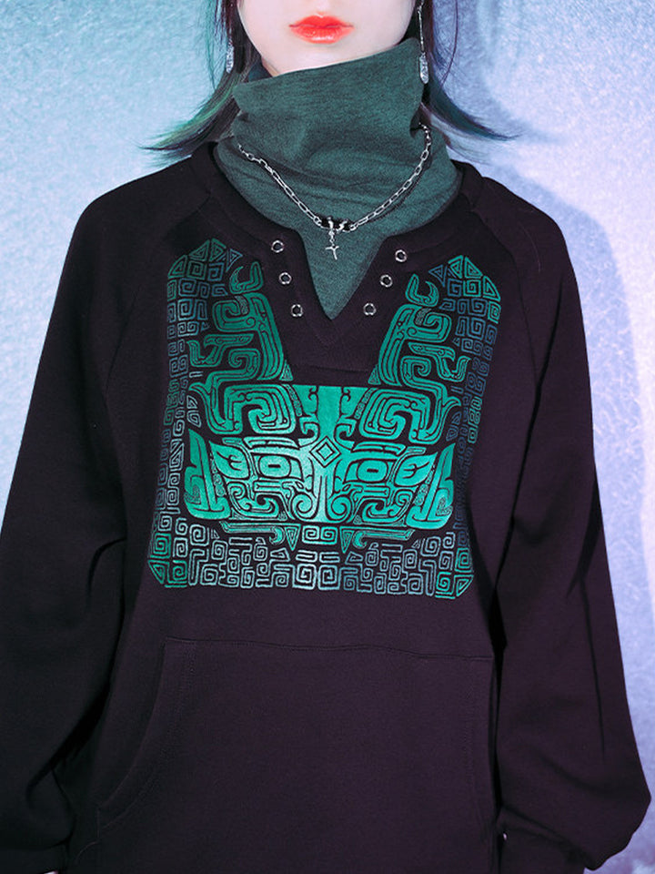 Black Chinese-Inspired Graphic Faux-Layered Hoodie