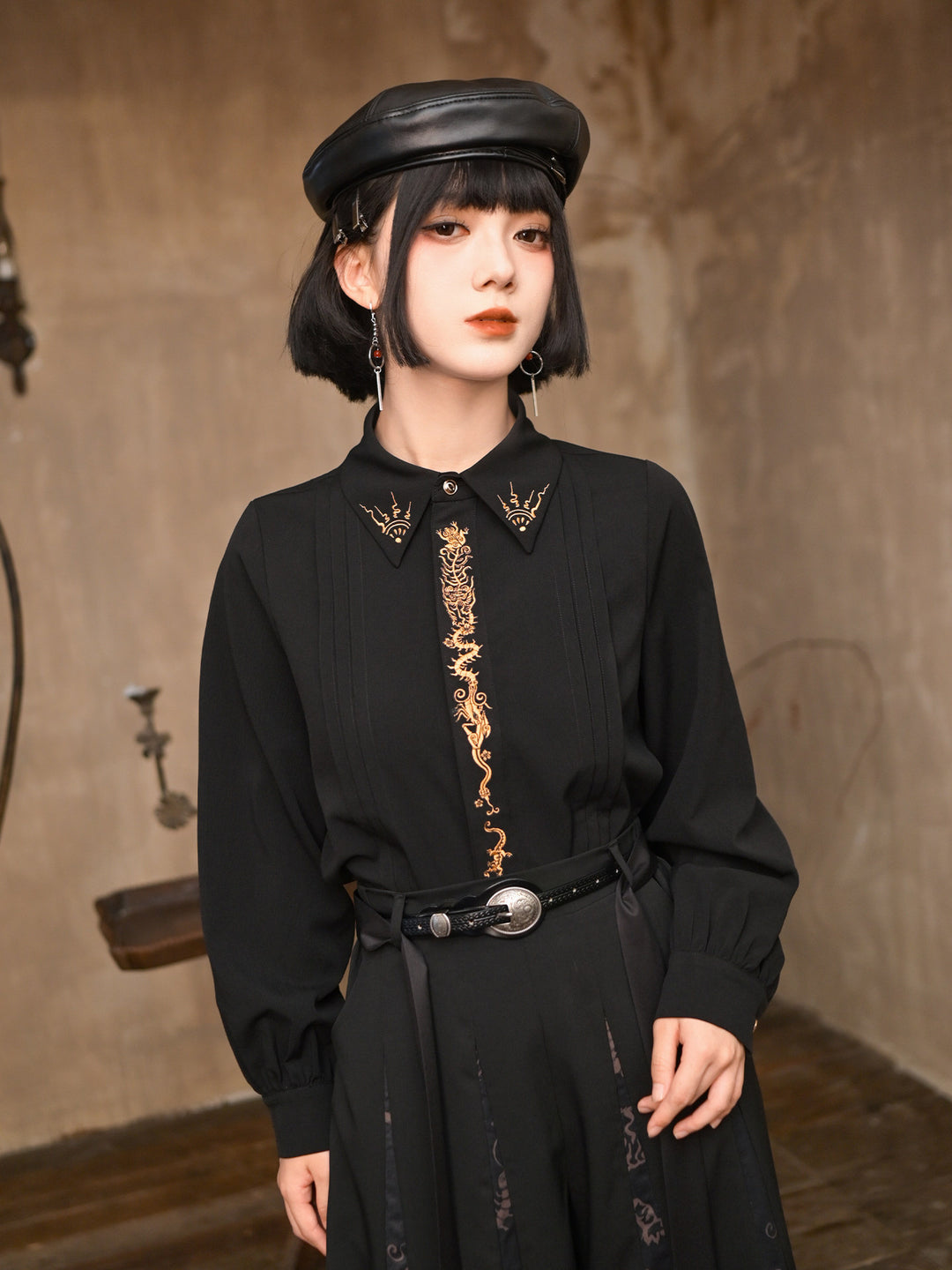 Black Five Poisons Embroidered Pleated Shirt