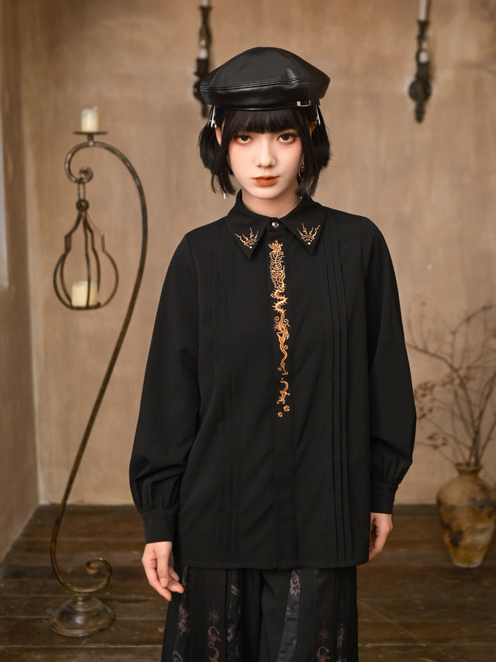 Black Five Poisons Embroidered Pleated Shirt