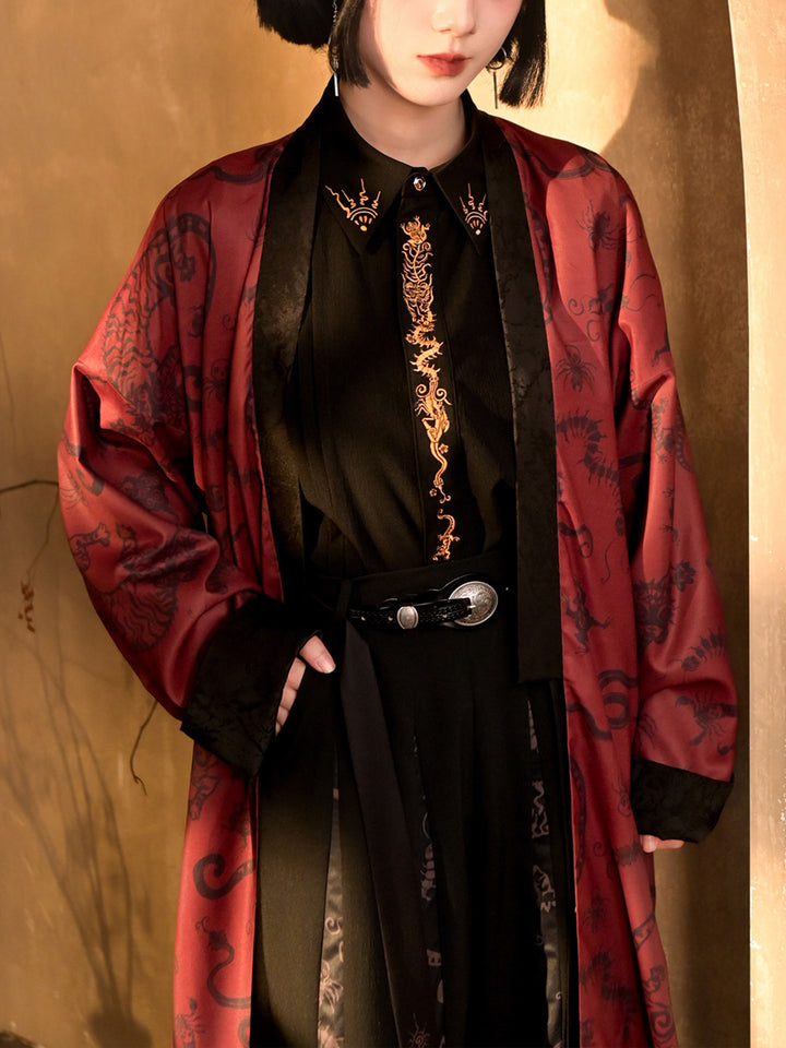 Black Five Poisons Embroidered Pleated Shirt