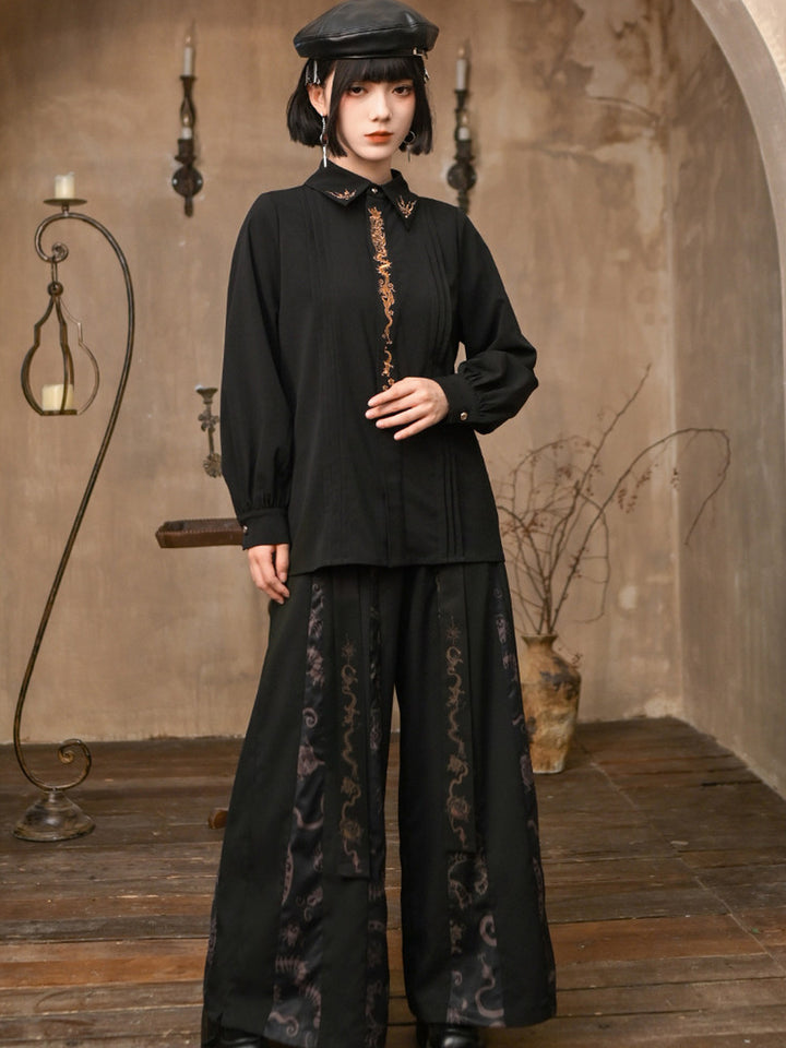 Black Five Poisons Embroidered Pleated Shirt