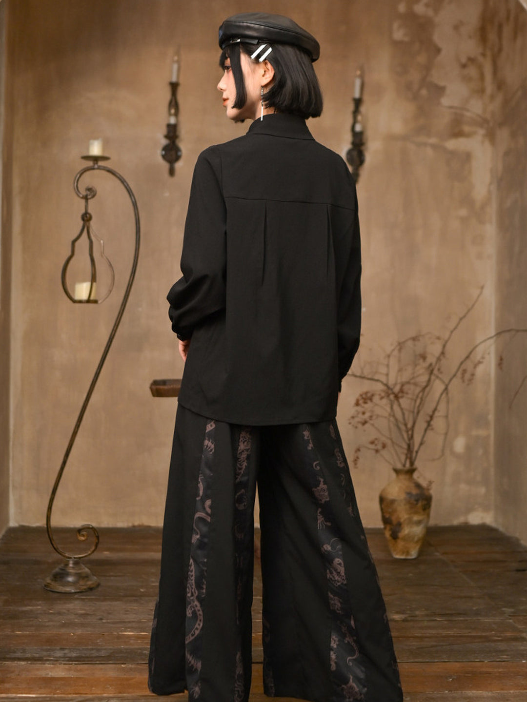 Black Five Poisons Embroidered Pleated Shirt