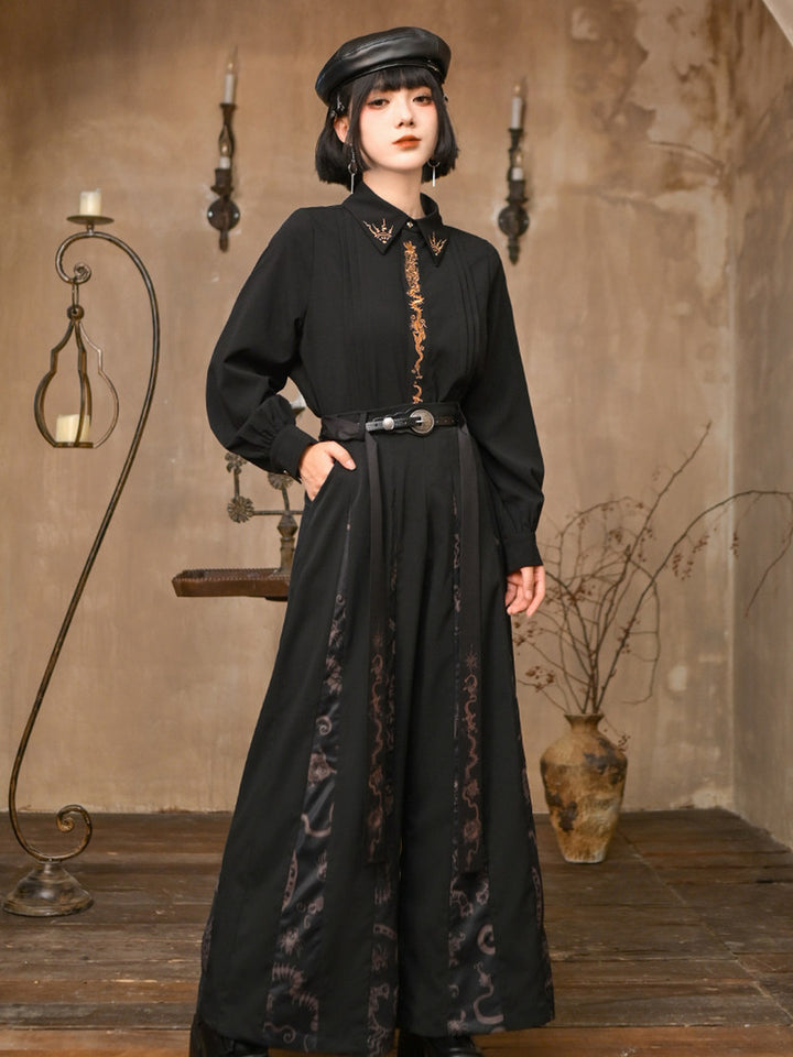 Black Five Poisons Embroidered Pleated Shirt