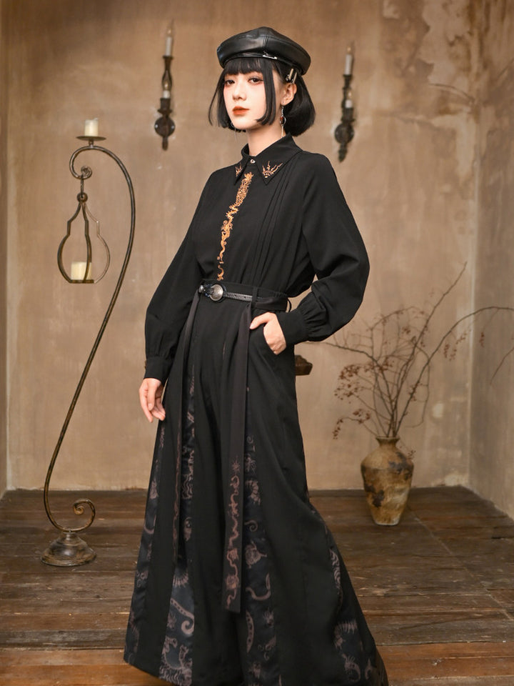 Black Five Poisons Embroidered Pleated Shirt