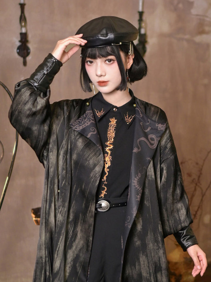 Black Five Poisons Embroidered Pleated Shirt