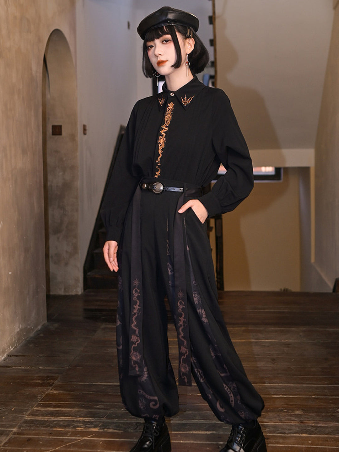Black Five Poisons Embroidered Pleated Shirt
