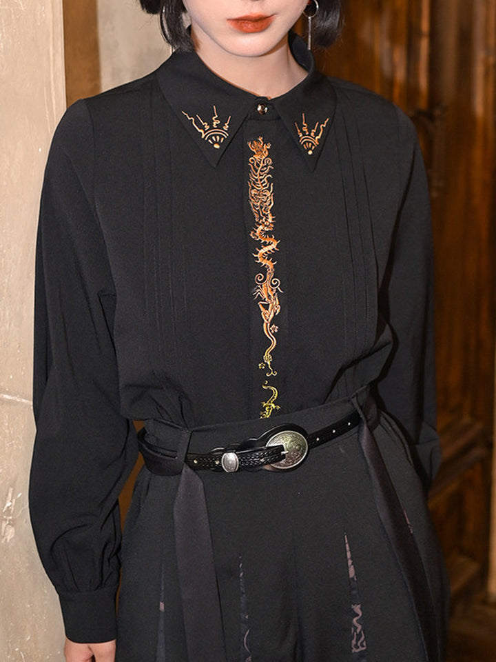 Black Five Poisons Embroidered Pleated Shirt