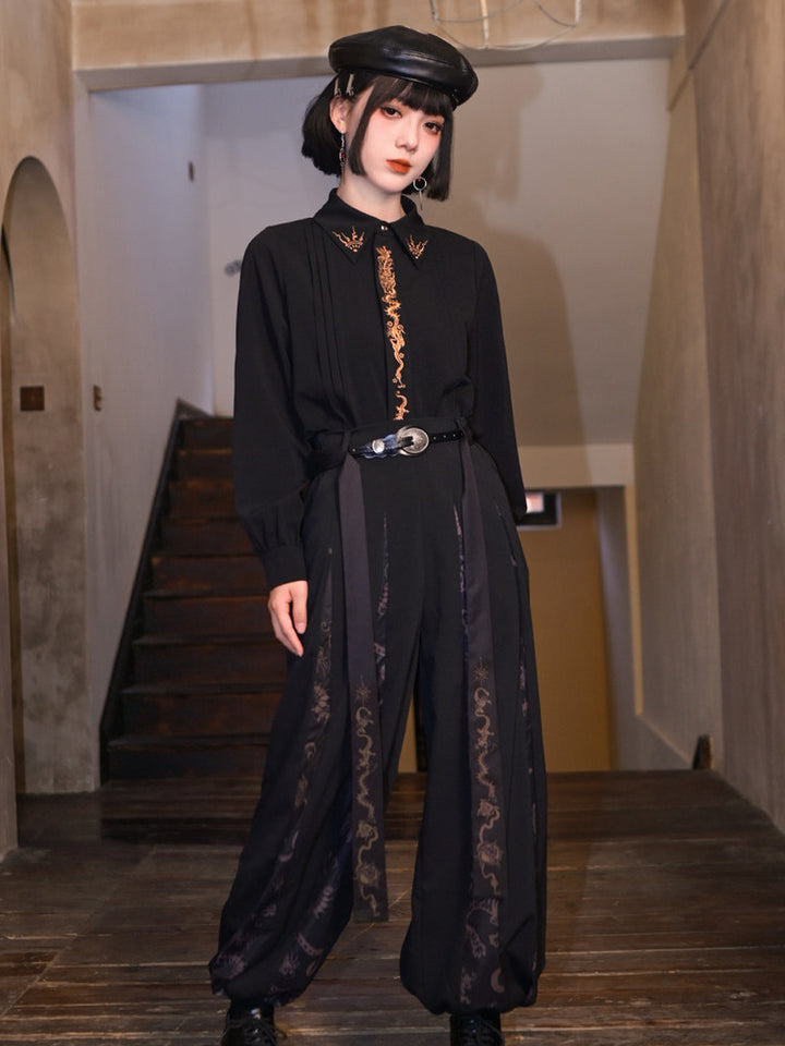 Black Five Poisons Embroidered Pleated Shirt