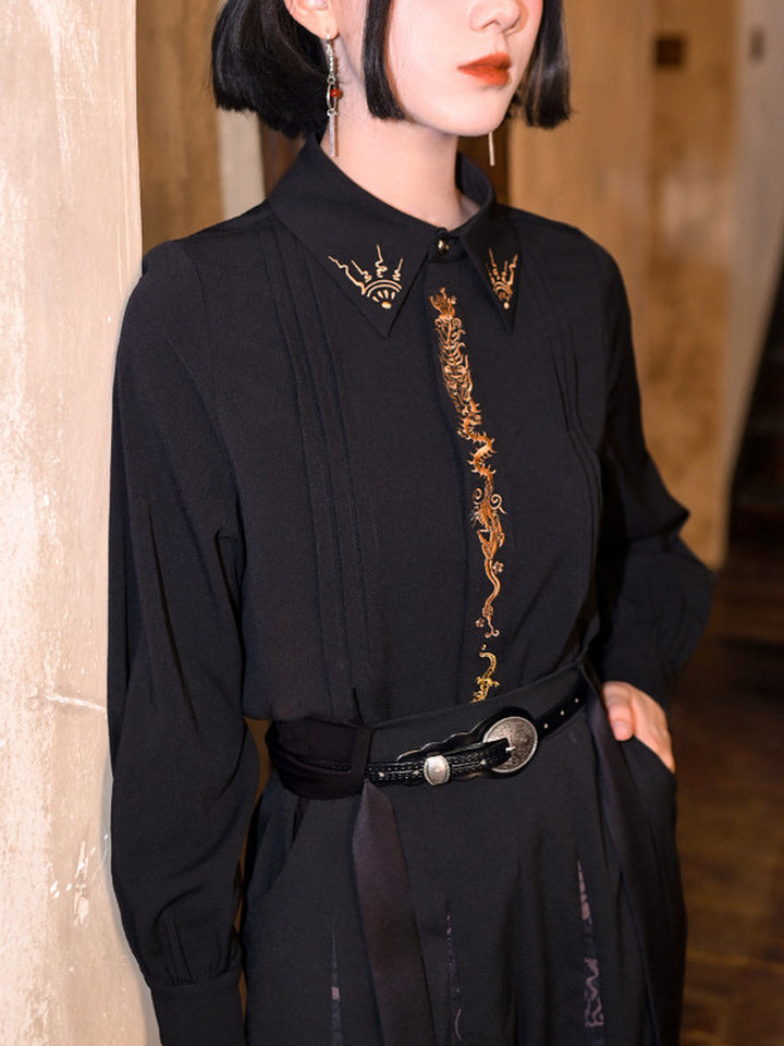 Black Five Poisons Embroidered Pleated Shirt