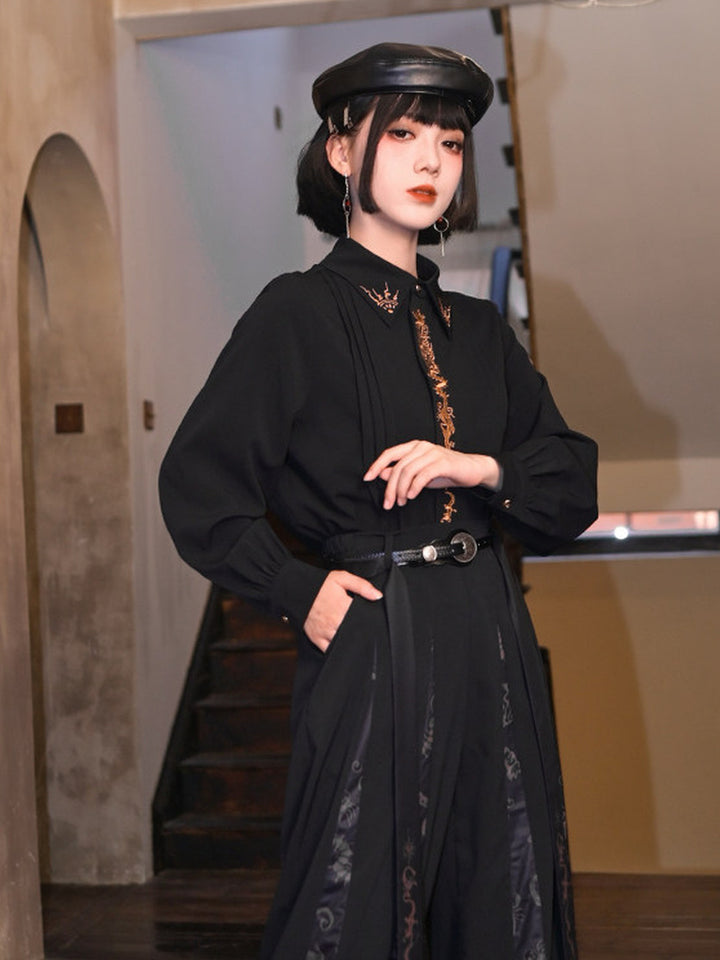Black Five Poisons Embroidered Pleated Shirt