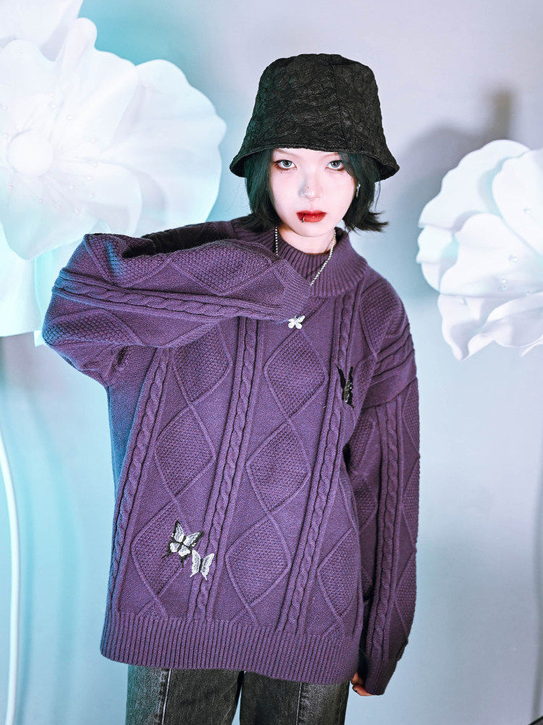 Butterfly Embroidered Mock Neck Sweater