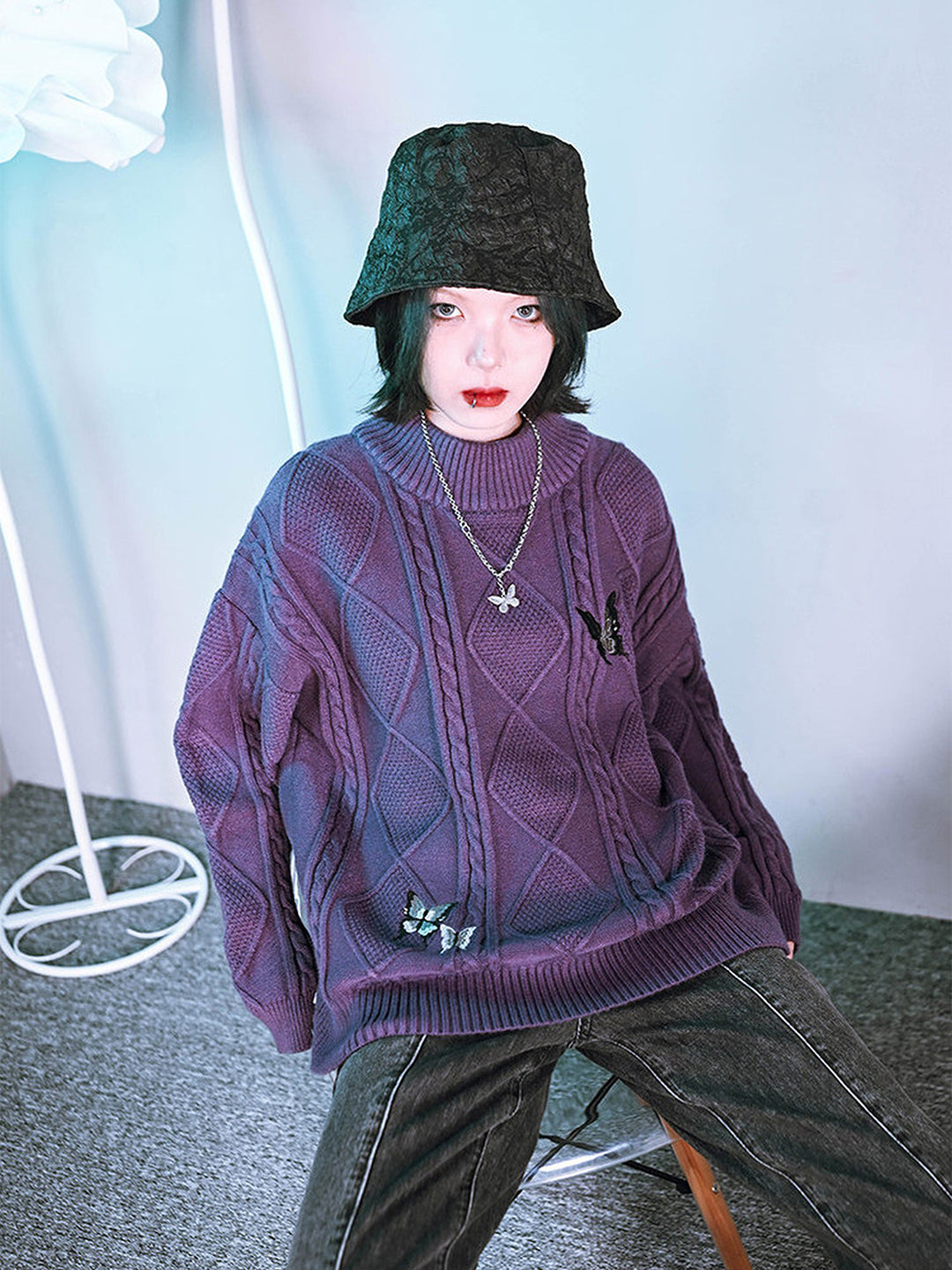 Butterfly Embroidered Mock Neck Sweater