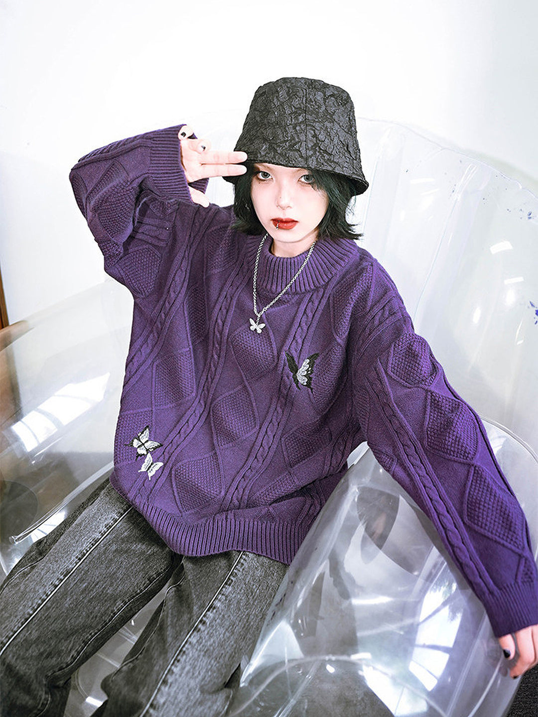 Butterfly Embroidered Mock Neck Sweater