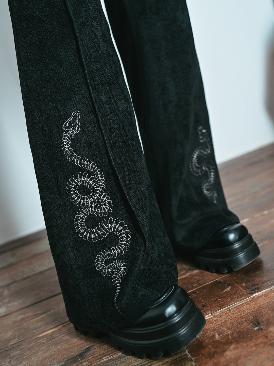 Snake Embroidered Flared Pants