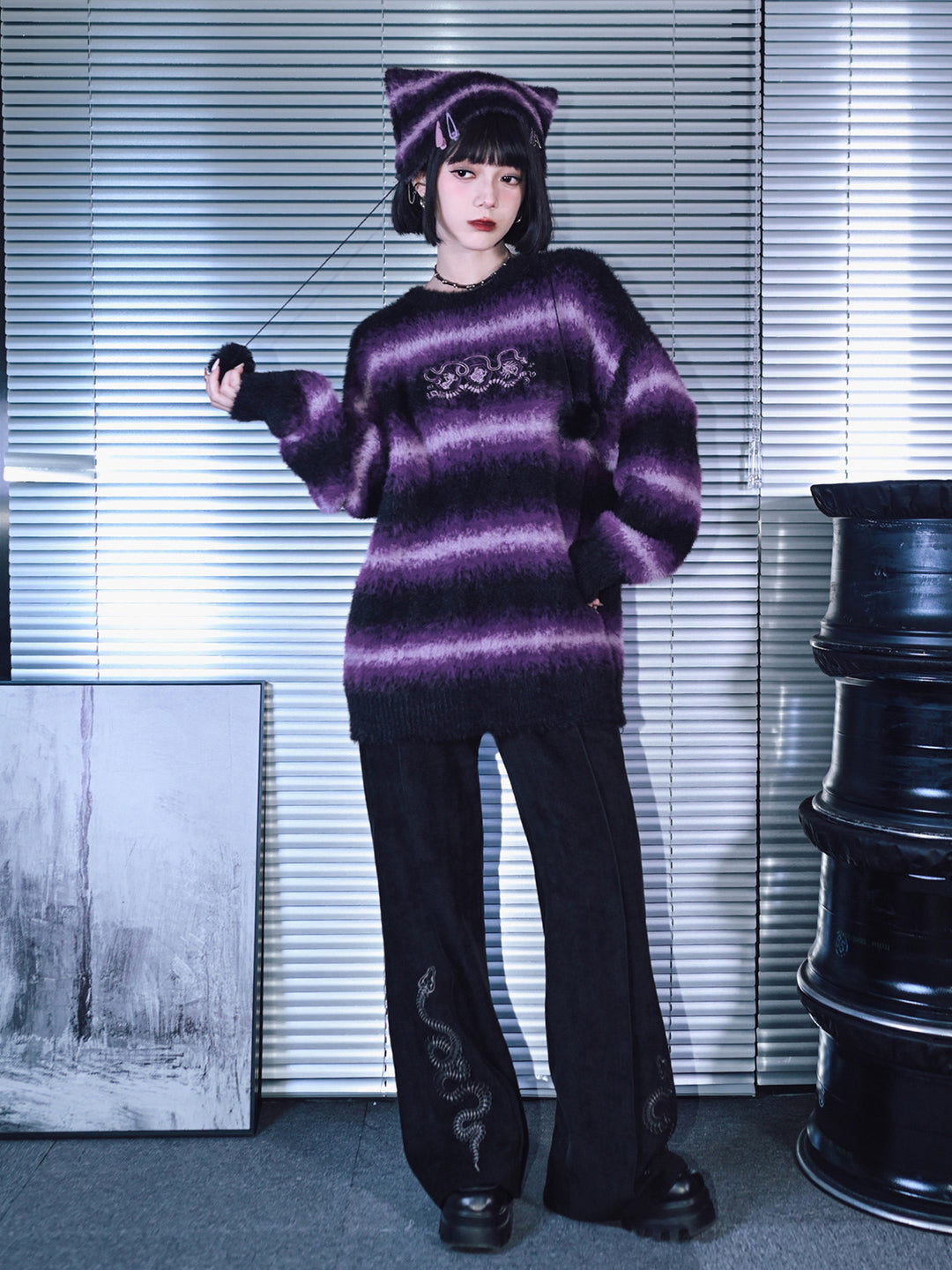 Snake Embroidered Flared Pants