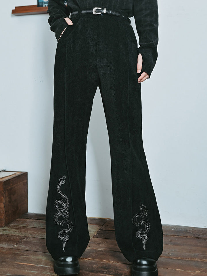 Snake Embroidered Flared Pants