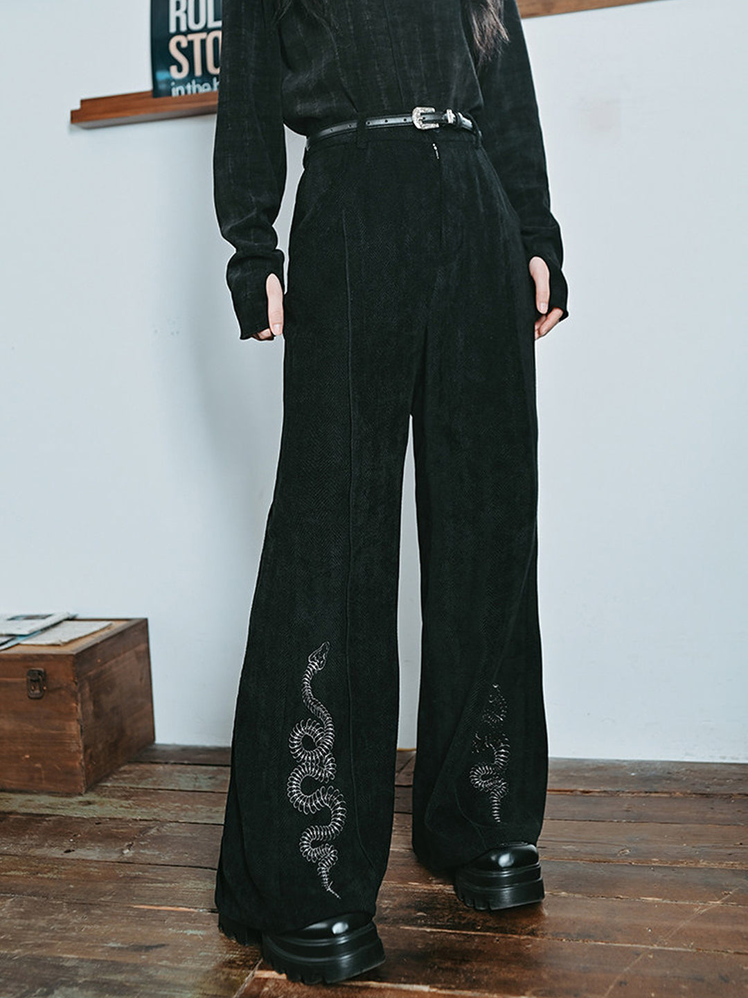 Snake Embroidered Flared Pants