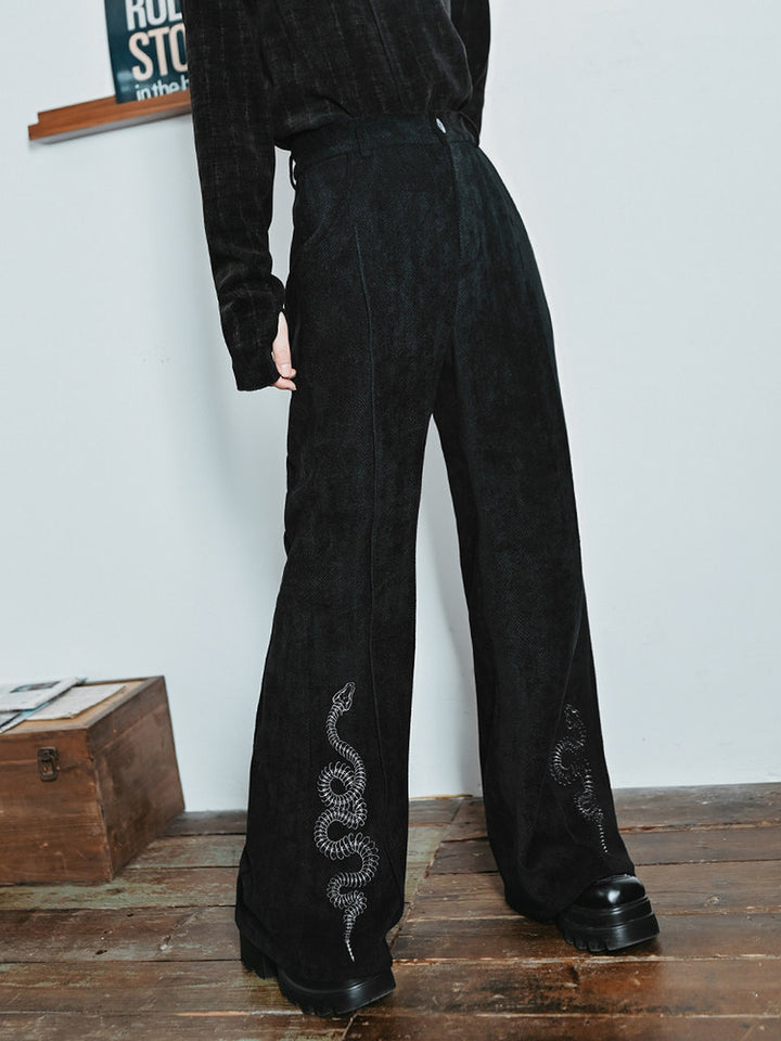 Snake Embroidered Flared Pants
