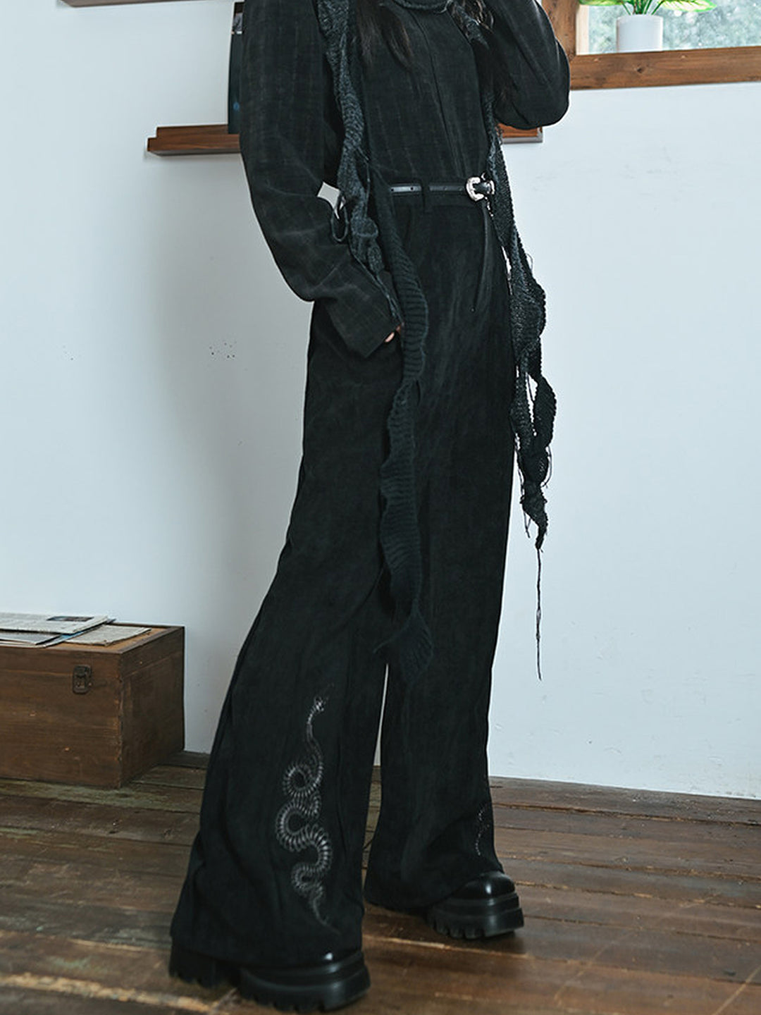 Snake Embroidered Flared Pants