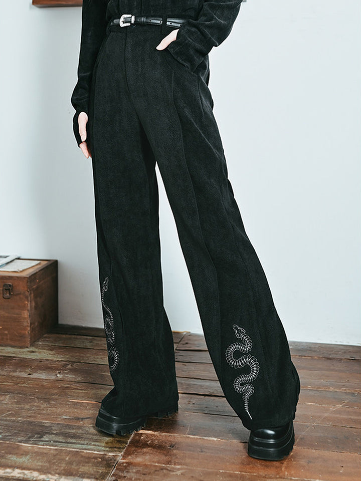Snake Embroidered Flared Pants