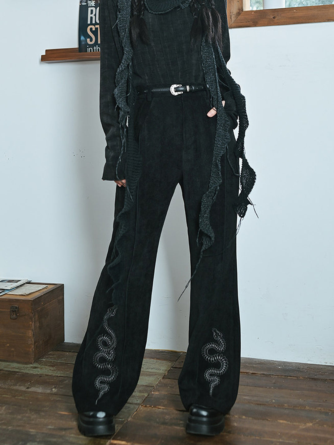 Snake Embroidered Flared Pants