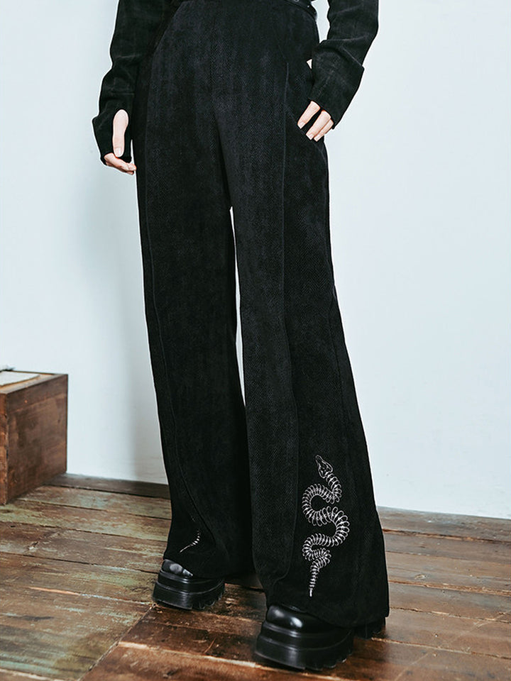 Snake Embroidered Flared Pants