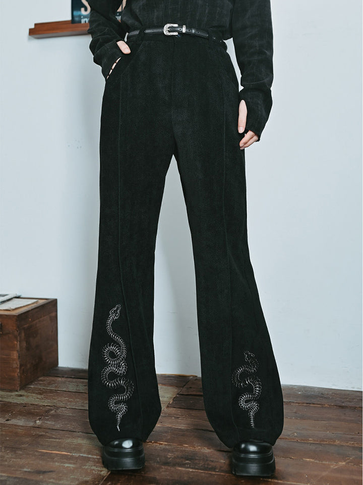 Snake Embroidered Flared Pants