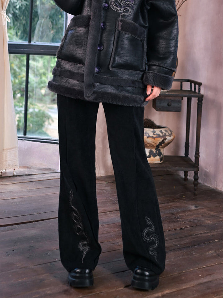 Snake Embroidered Flared Pants