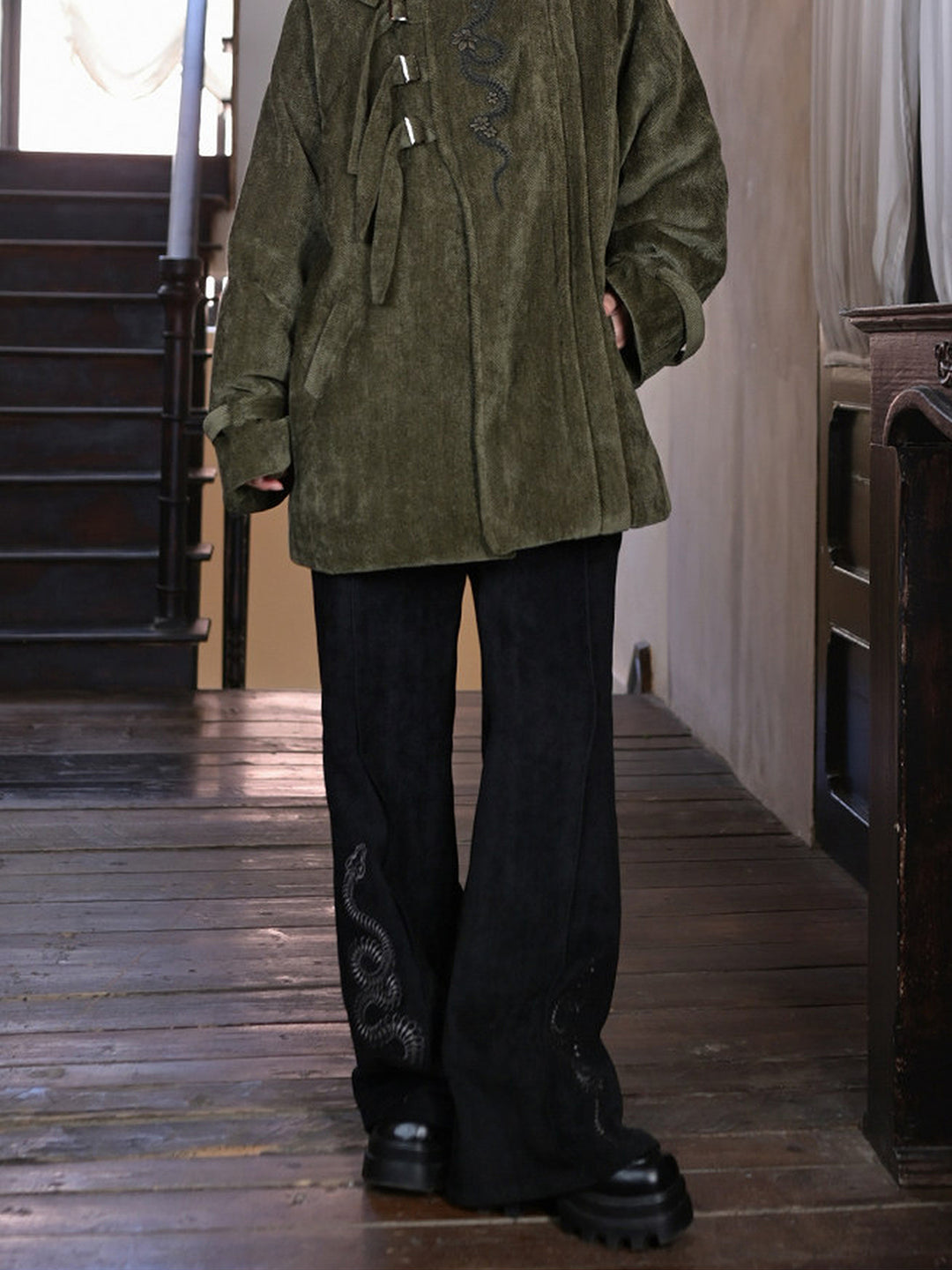Snake Embroidered Flared Pants