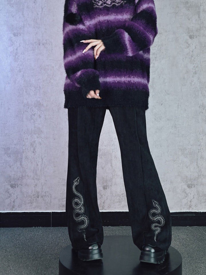 Snake Embroidered Flared Pants