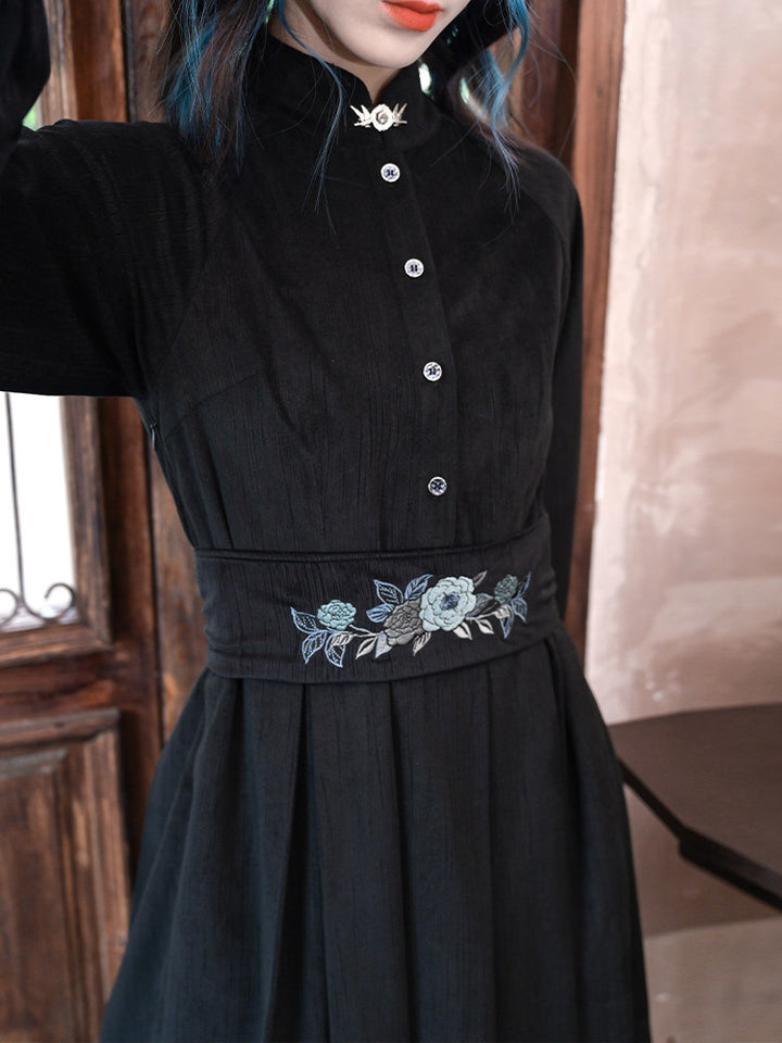 Chinese-Inspired Floral Embroidered Midi Dress