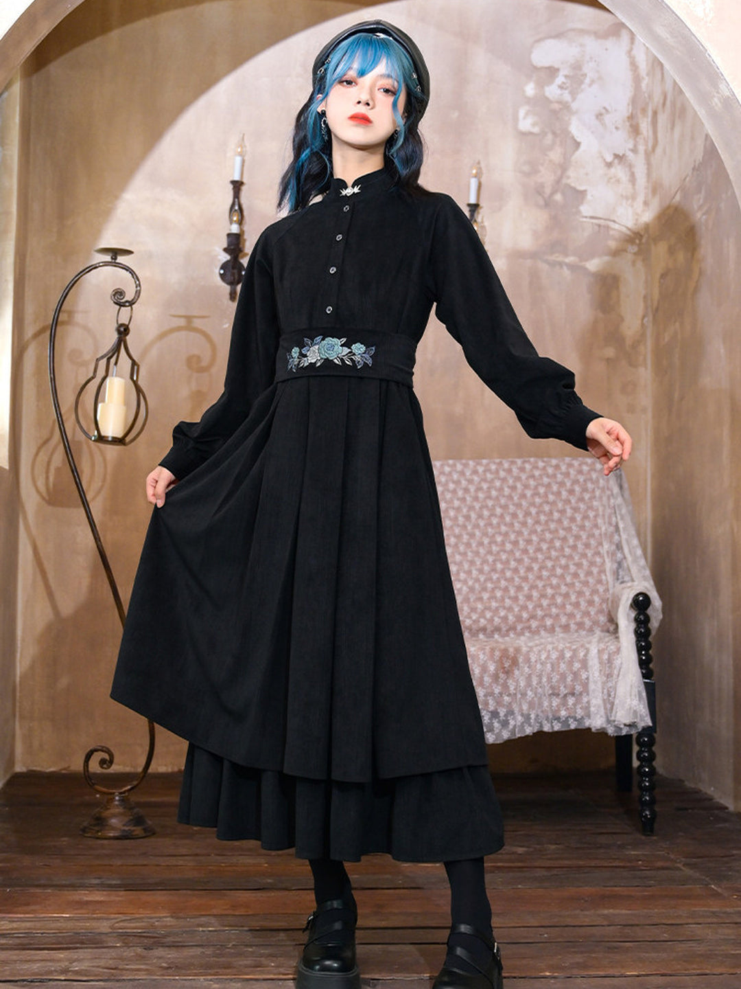 Chinese-Inspired Floral Embroidered Midi Dress