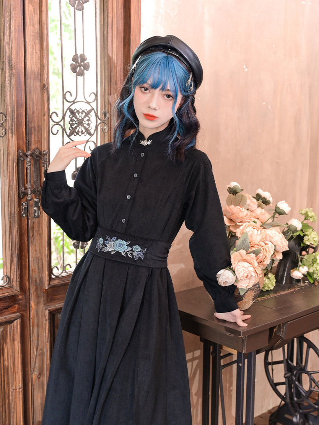 Chinese-Inspired Floral Embroidered Midi Dress