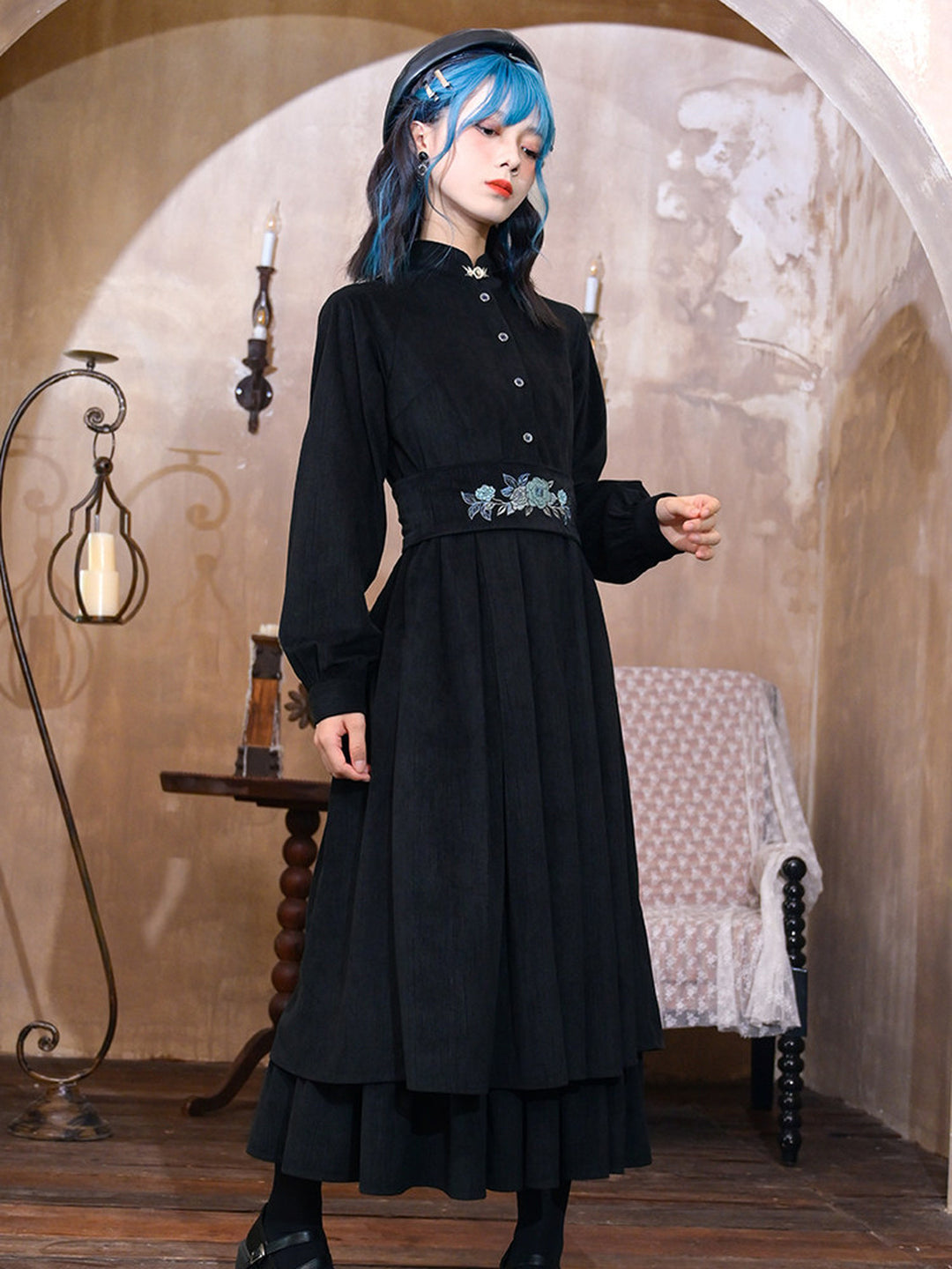 Chinese-Inspired Floral Embroidered Midi Dress