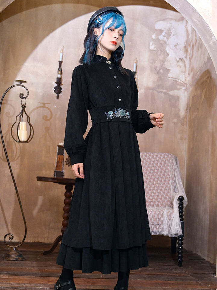 Chinese-Inspired Floral Embroidered Midi Dress