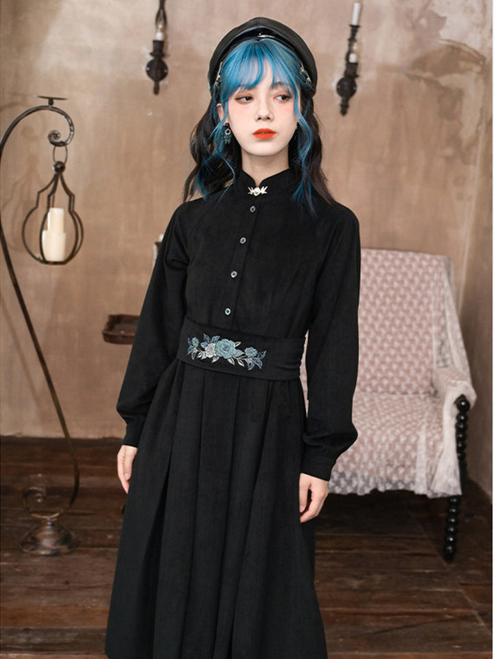 Chinese-Inspired Floral Embroidered Midi Dress