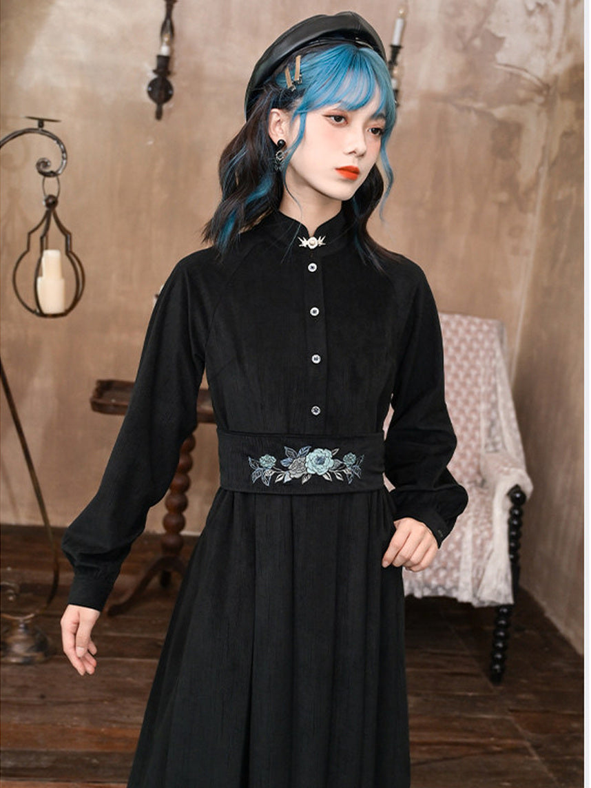 Chinese-Inspired Floral Embroidered Midi Dress