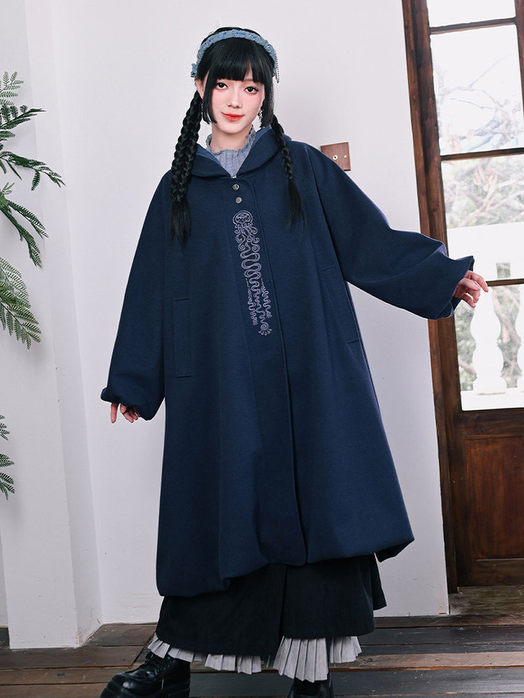 Jellyfish Embroidered Hooded Cocoon Coat