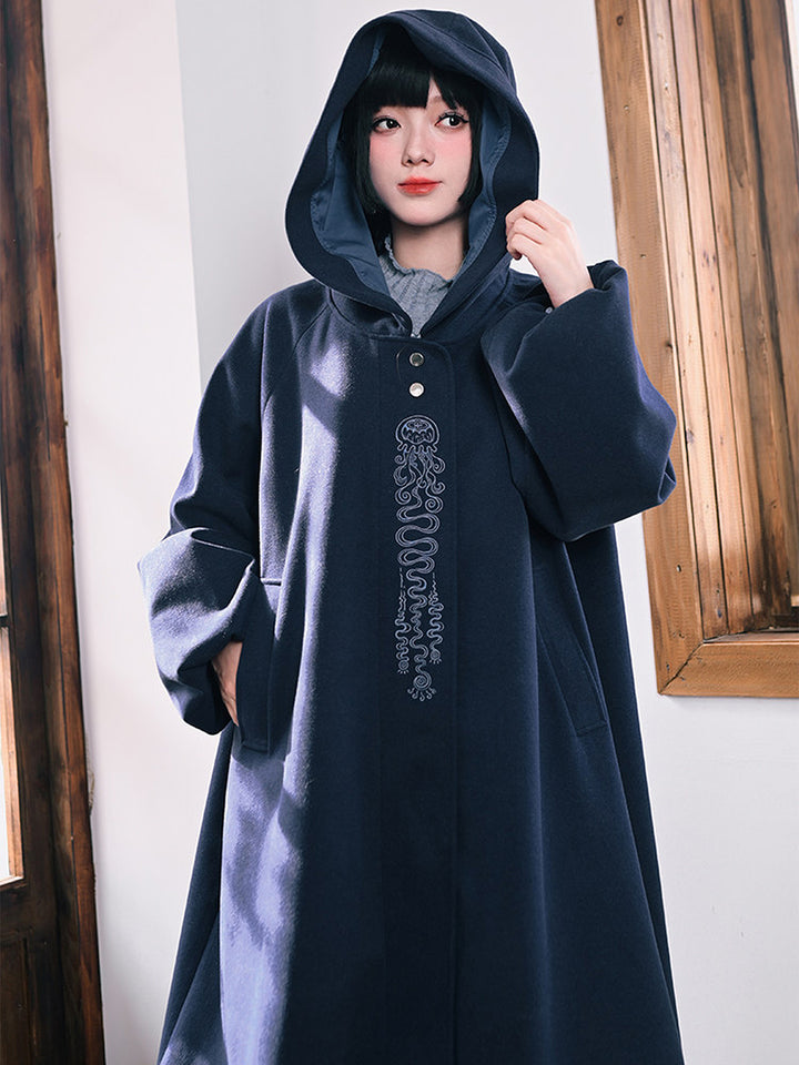 Jellyfish Embroidered Hooded Cocoon Coat