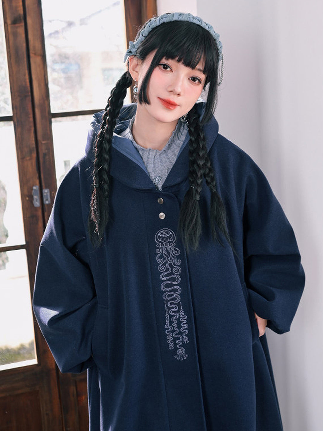 Jellyfish Embroidered Hooded Cocoon Coat