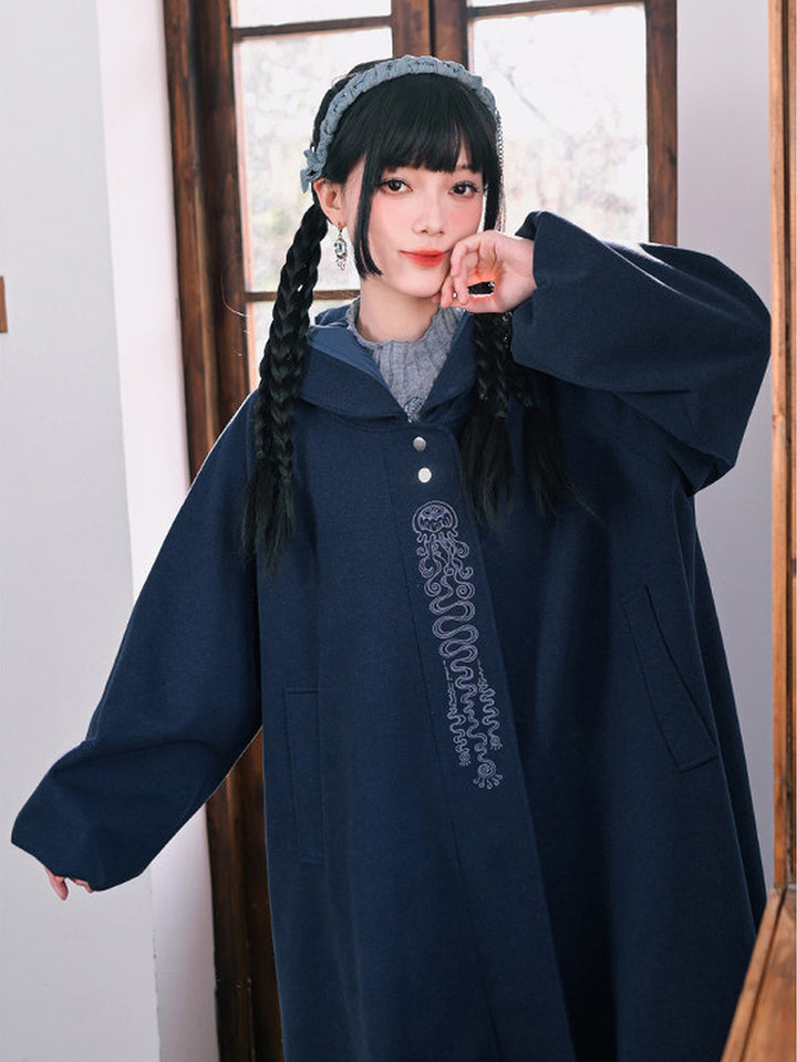 Jellyfish Embroidered Hooded Cocoon Coat