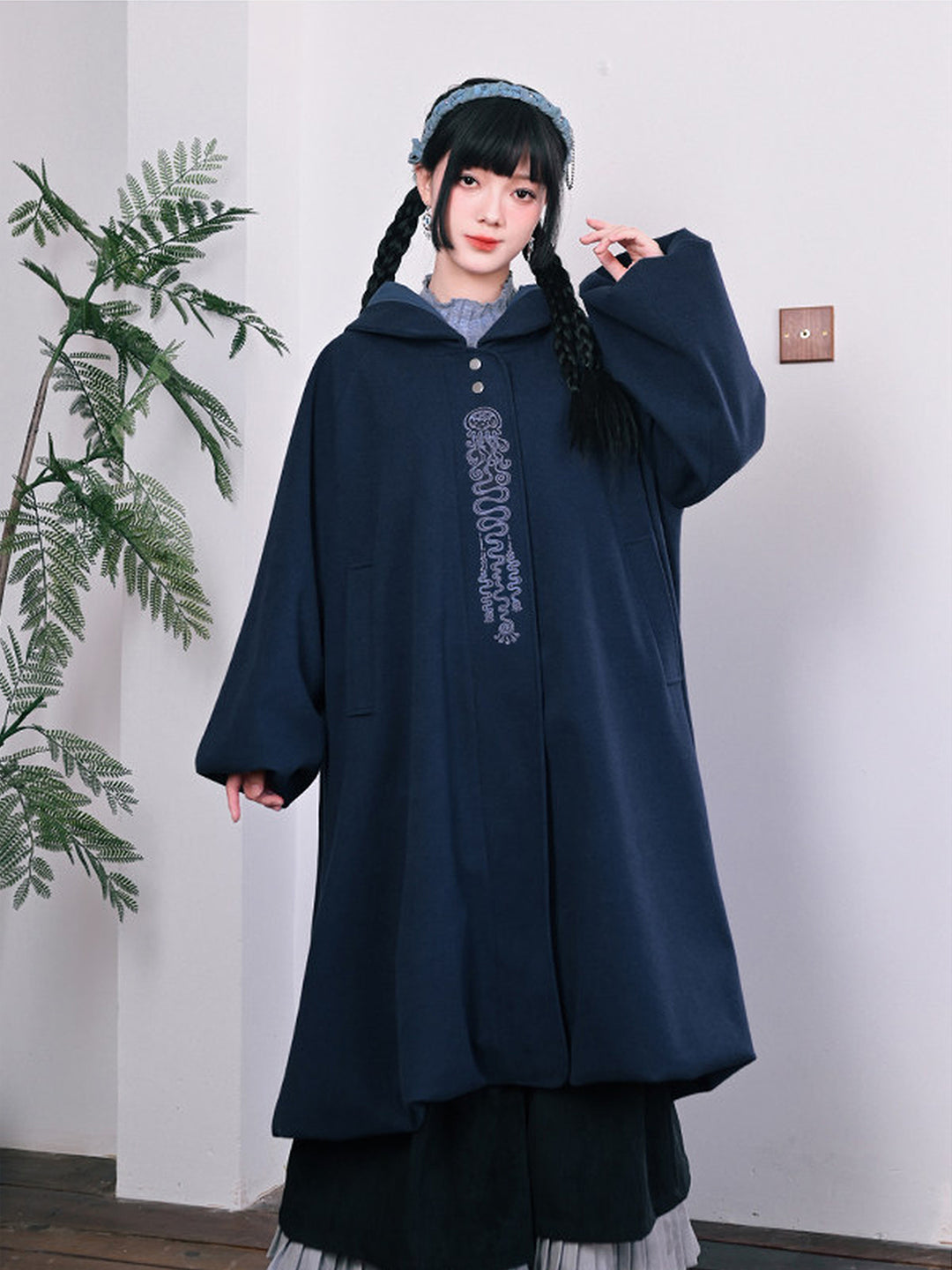 Jellyfish Embroidered Hooded Cocoon Coat