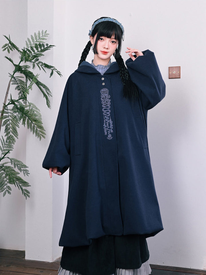 Jellyfish Embroidered Hooded Cocoon Coat