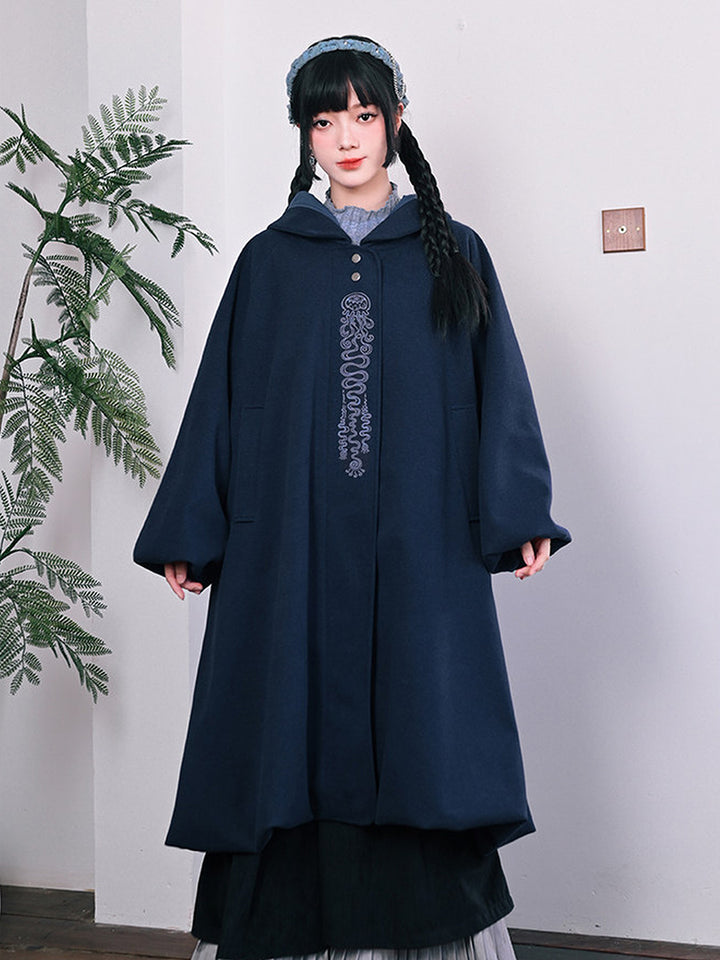 Jellyfish Embroidered Hooded Cocoon Coat
