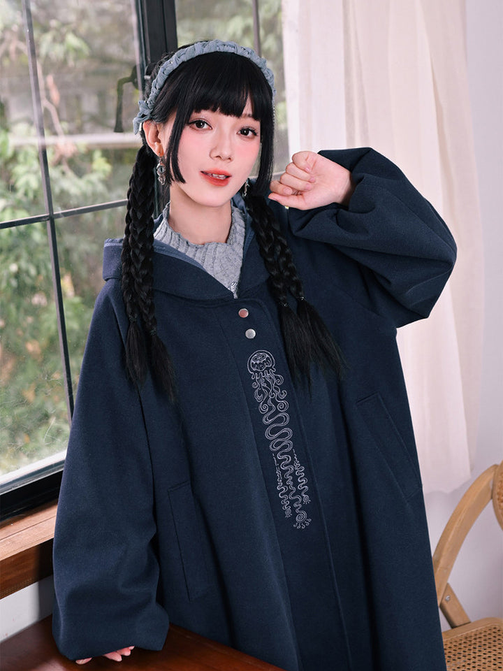 Jellyfish Embroidered Hooded Cocoon Coat