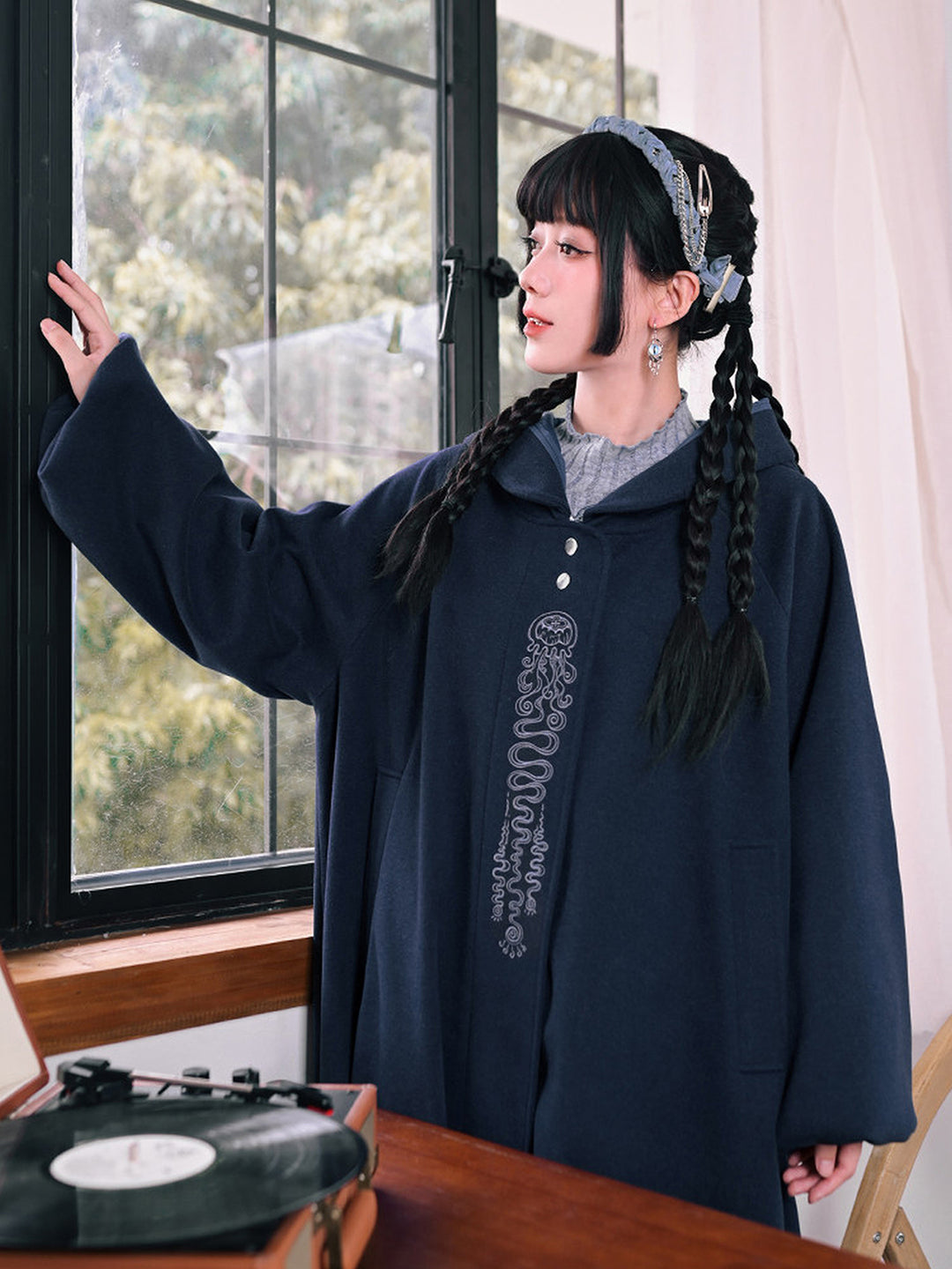 Jellyfish Embroidered Hooded Cocoon Coat
